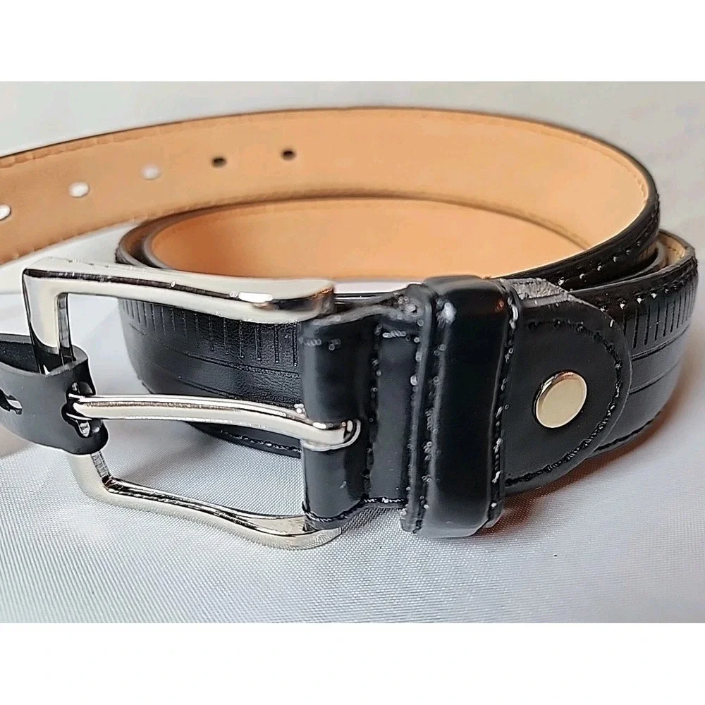 NWT‎ Men's 2XL 46-48 Black Genuine Leather Dress Belt Ridged Silver Buckle New